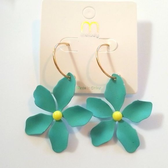 Jewelry - 3 for $15 Teal Flower Hoop Earrings